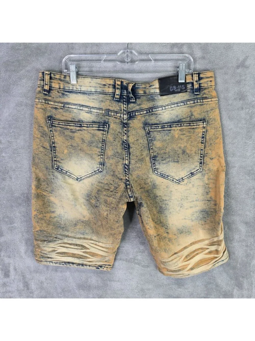 Mens GS-115 Distressed Tan & Blue Denim Shorts Ribbed Knee Panels Faded Wash 38